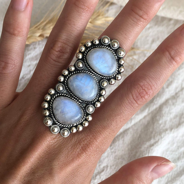 Three Stone Silver Moonstone Ring-Sahara Blue Co.