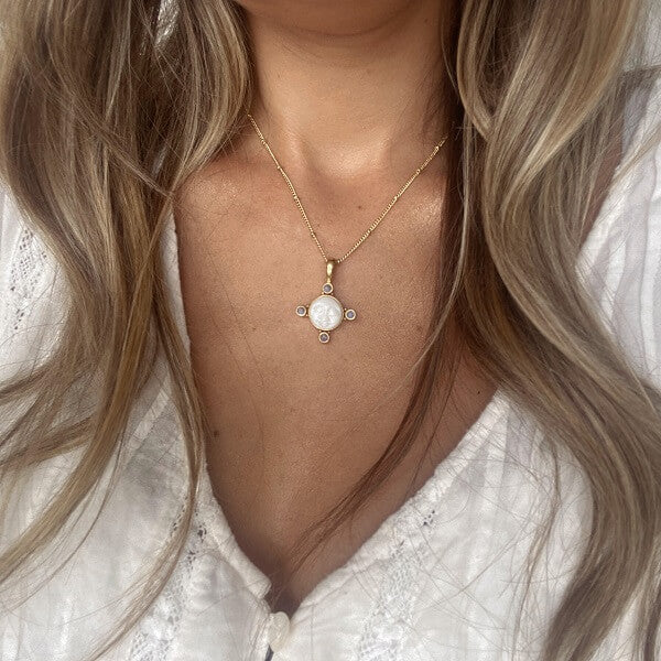 Gold Mother of Pearl & Moonstone Moon Necklace-Sahara Blue Co.