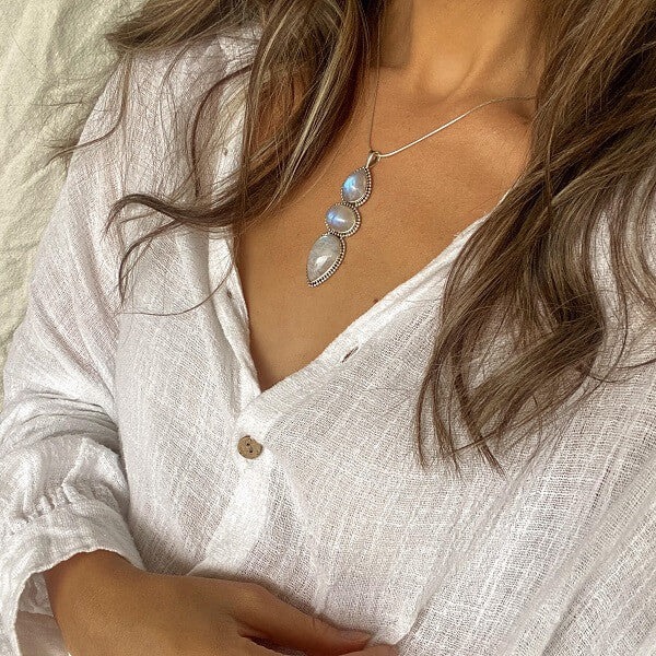 Long Moonstone Crystal Silver Necklace-Sahara Blue Co.